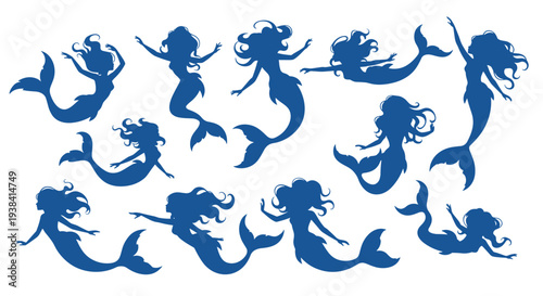Collection of blue mermaid silhouettes in various graceful swimming and lounging poses, perfect for ocean-themed fairytale and fantasy graphics.