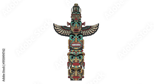 Colorful and detailed Native American totem pole featuring stacked animal faces and wings, representing indigenous culture and tribal heritage.