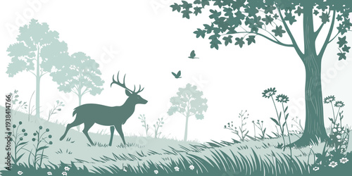 A serene scene of deer grazing in a lush, verdant forest filled with trees and foliage Vector