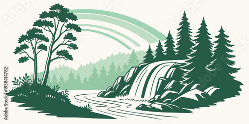A serene landscape featuring a winding river surrounded by lush greenery and towering trees. Vector