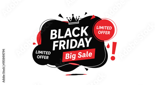 Dynamic Black Friday big sale promotional banner with a crown, limited offer badges, and a bold color palette to attract holiday shoppers.
