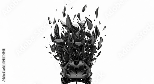 Abstract Black Object Exploding into Sharp Fragments.