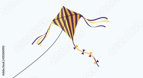 Colorful diamond-shaped kite with purple and yellow stripes flying freely in a clear blue sky, evoking memories of playful childhood summer days.