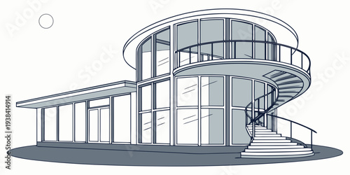 A detailed architectural drawing of a modern house with multiple levels and a balcony Vector