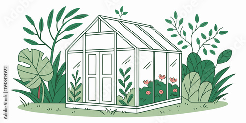 A serene garden scene with a white gazebo surrounded by lush greenery and vibrant flowers. Vector