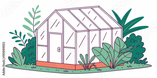 A serene greenhouse filled with lush plants and vibrant greenery. Vector
