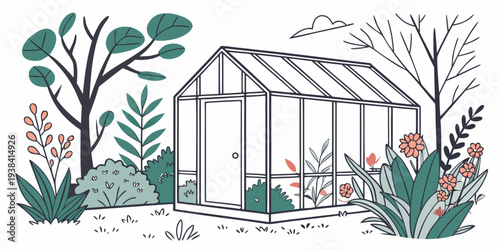 A serene greenhouse garden filled with various plants and flowers Vector