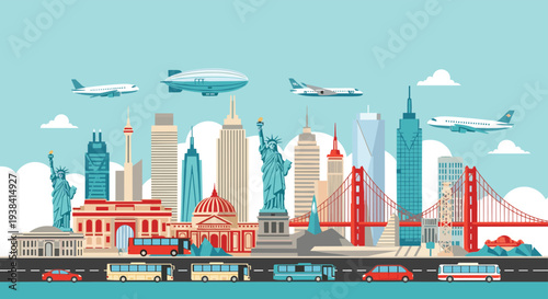 Detailed cityscape illustration featuring iconic world landmarks with airplanes, buses, and cars moving through the urban environment.