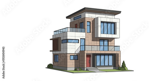 Contemporary architectural rendering of a luxury three-story modern villa featuring large glass windows and stylish balconies.