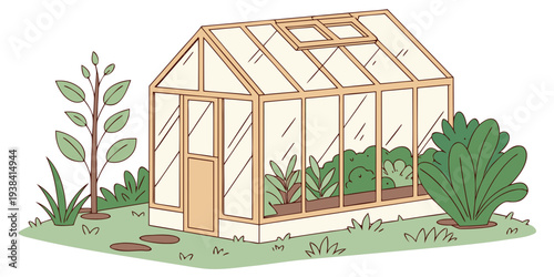 A charming greenhouse filled with various plants and greenery in a garden setting Vector