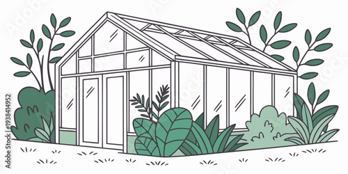 A serene greenhouse filled with lush plants and natural light. Vector