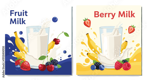Vibrant advertisement posters for fruit and berry flavored milk featuring splashes and various fresh fruit illustrations.