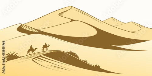 A serene desert landscape with a camel and a rider in the distance. Vector