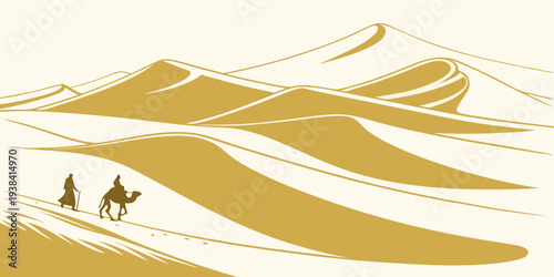 Two hikers enjoying the vast and serene beauty of a desert landscape. Vector