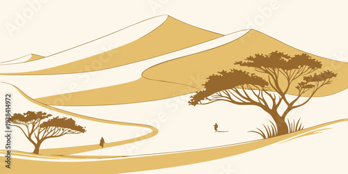 A serene landscape featuring acacia trees and a herd of elephants in the savannah Vector