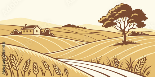 A serene countryside scene with a winding path leading to a farmhouse and trees Vector