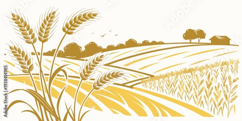 Golden wheat fields under a clear blue sky with a distant mountain range Vector