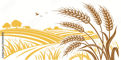 A serene landscape featuring golden wheat fields under a clear blue sky Vector