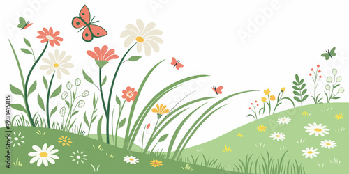 A vibrant and lush meadow filled with colorful wildflowers and green grass Vector