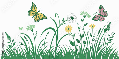 Vibrant butterflies fluttering above a meadow of colorful wildflowers Vector