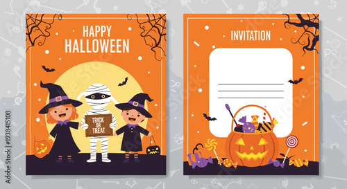 Pair of festive halloween party invitation designs featuring children dressed as a witch and a mummy with treats.
