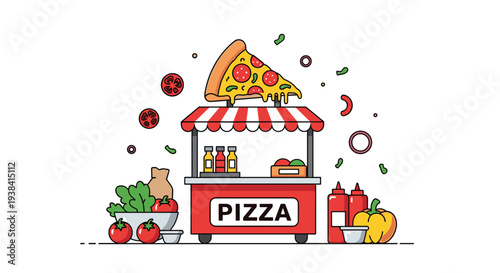 Vibrant illustration of a street food pizza stand surrounded by fresh tomatoes, peppers, and other cooking ingredients.
