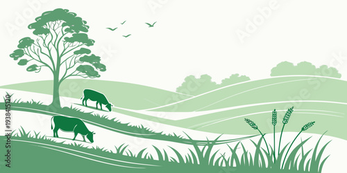 A serene landscape with a winding path through lush greenery and a distant tree. Vector