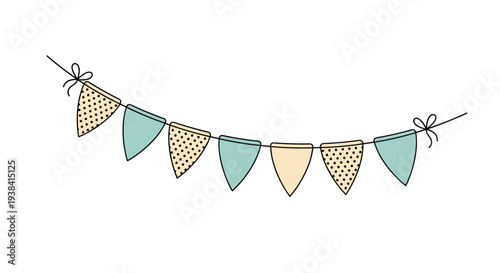 Decorative garland of colorful triangular bunting flags in cream and light blue patterns for party celebrations.
