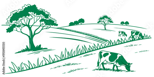 A serene landscape with trees and a winding path leading to a distant horizon Vector