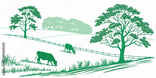 A peaceful countryside scene with grazing animals and lush greenery Vector