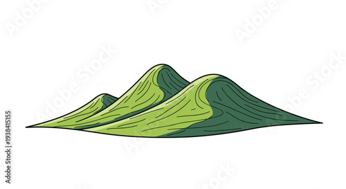 Simple hand drawn illustration of green rolling hills or sand dunes with soft lighting and textured green color.