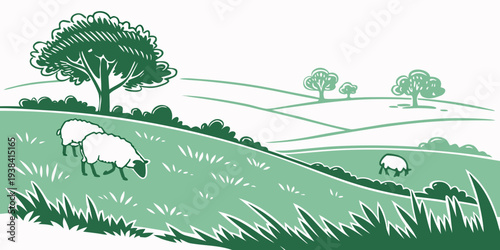 Sheep grazing peacefully in a lush green field with trees in the background Vector