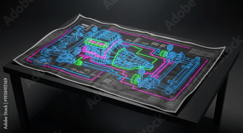 Abstract blueprint diagram with colorful lines and shapes.
