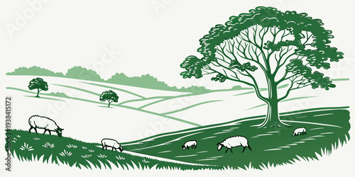 A serene landscape with trees, sheep, and a winding path in a lush green countryside. Vector