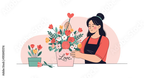 Cheerful young woman working as a florist arranging a beautiful colorful bouquet of flowers in a pink decorative pot.