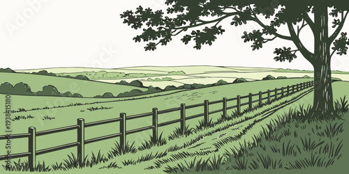 A picturesque view of a rural landscape with a wooden fence and lush green fields Vector
