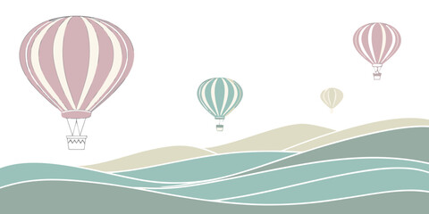 Fotobehang Luchtballon Drie luchtballonnen boven bergen en water  © BOY