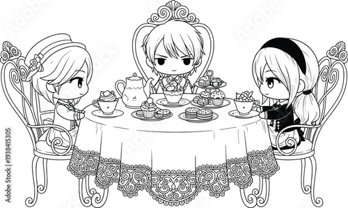 Cute Chibi Characters Tea Party Illustration Featuring Anime Style Friends Sitting at Table with Tea, Cakes, and Desserts Line Art