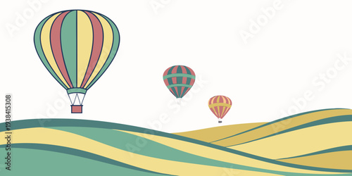 Three colorful hot air balloons floating over a picturesque landscape with rolling hills Vector