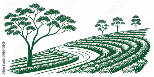 A serene landscape with rolling hills and a line of trees in the distance. Vector