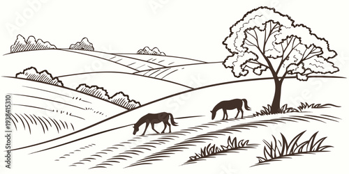 A serene landscape with grazing animals and a clear blue sky Vector