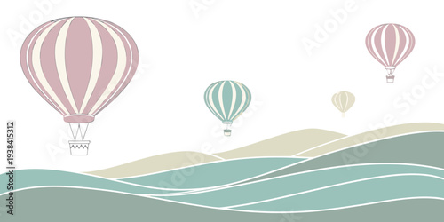 Three colorful hot air balloons floating over a serene landscape with mountains and water Vector