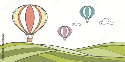 Colorful hot air balloons floating over a lush green landscape under a clear blue sky Vector