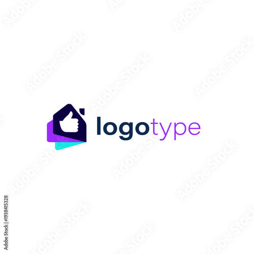 Modern vector logo, a house made from copies of documents with a thumbs-up sign.