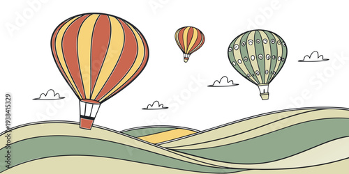 Colorful hot air balloons floating over a picturesque landscape Vector