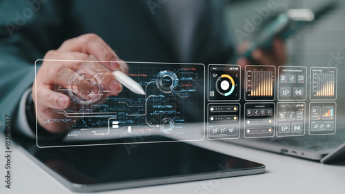 Foto A business owner reviewing energy data on a tablet