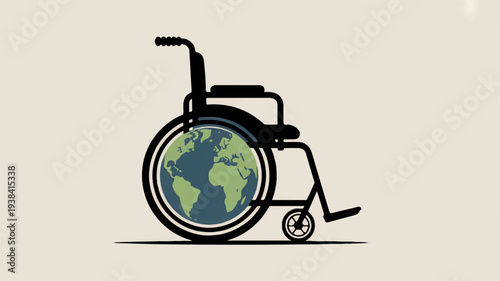 Vector illustration of a wheelchair featuring the earth on a beige background symbolizing accessibility and global inclusivity for people with disabilities