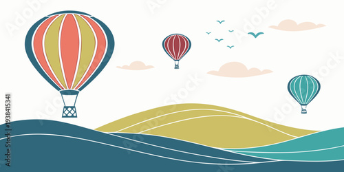 Colorful hot air balloons floating over a serene landscape with birds in the sky Vector