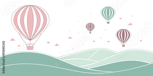 Colorful hot air balloons floating over a serene body of water with mountains in the background Vector