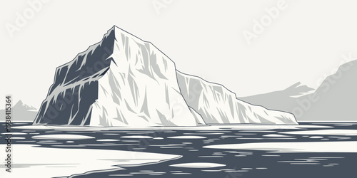 Majestic icebergs floating in the vast and icy arctic ocean waters. Vector